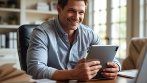 A man using his tablet to update his blog